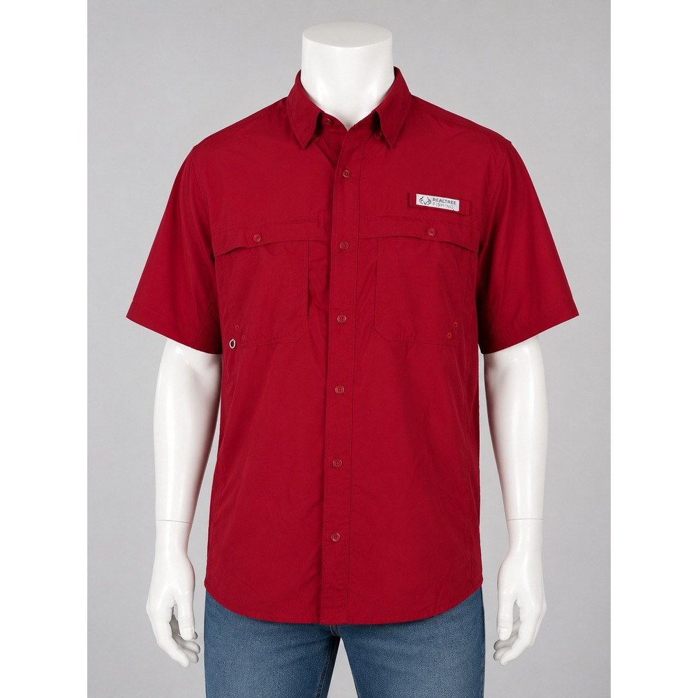 Realtree Fishing Mens Short Sleeve Vented Button Down Shirt Red Medium Outdoors